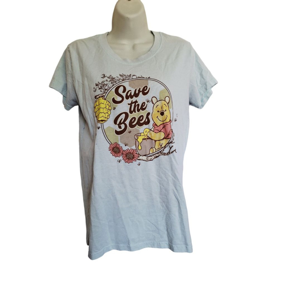 Disney Save the Bees Winnie the Pooh Short Sleeve M Light Blue Brown tee - Picture 1 of 4